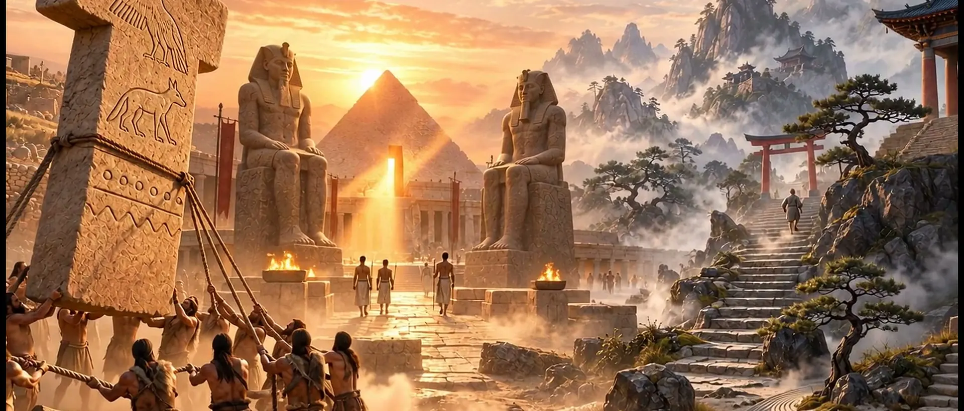 Ancient worlds from THE PATH: carved pillars, pyramids, great statues and misty mountain temples