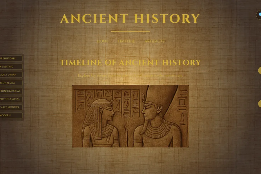 Ancients: a gold-on-parchment timeline of ancient history with an Egyptian relief