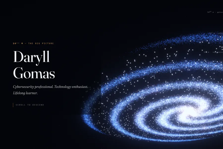 The Big Picture: a spiral galaxy made of particles beside the name Daryll Gomas