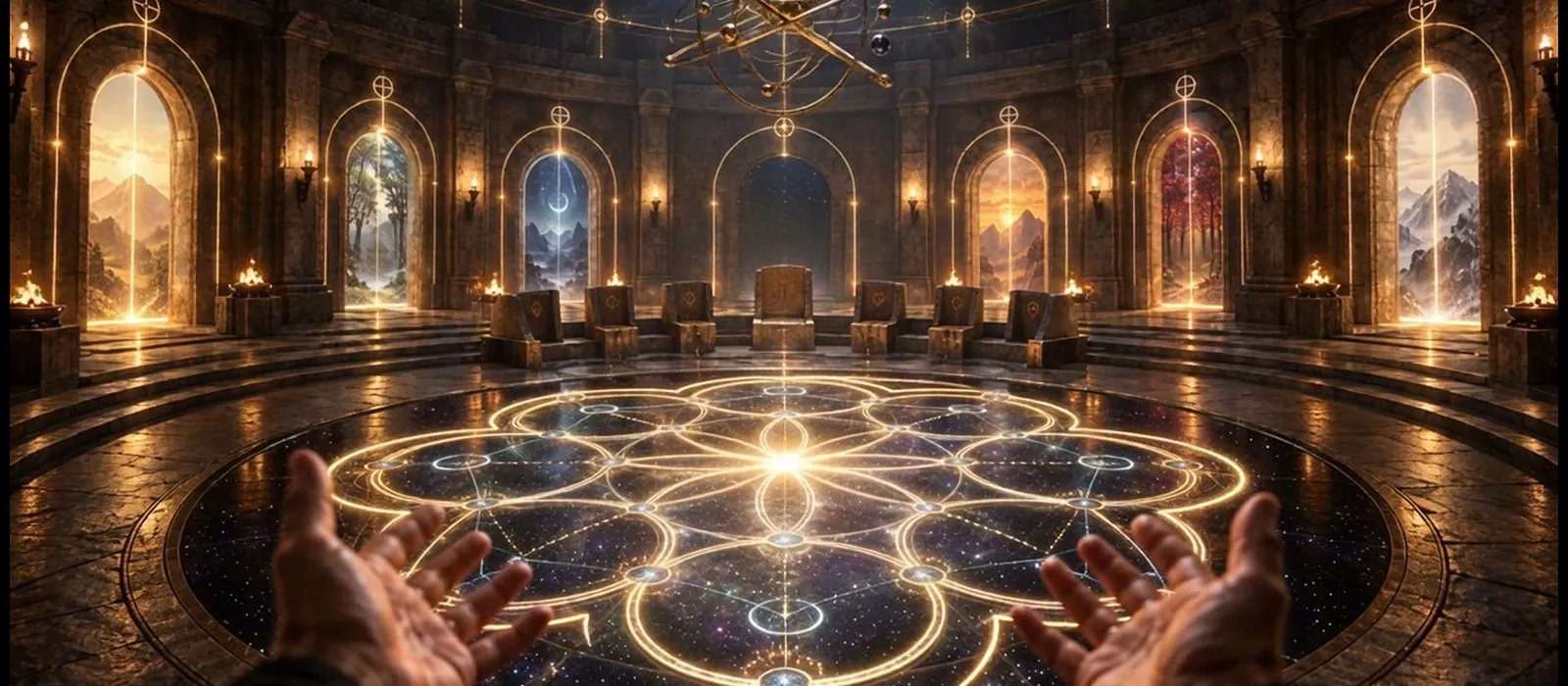THE NEXUS: a vast circular hall of glowing arched windows above a golden mandala floor, hands reaching toward it